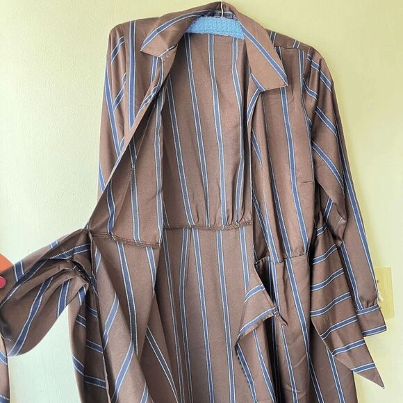 LOFT Brown Satin Striped Wrap Midi Dress w/ Waist Tie, Collared, Size M - Picture 10 of 12